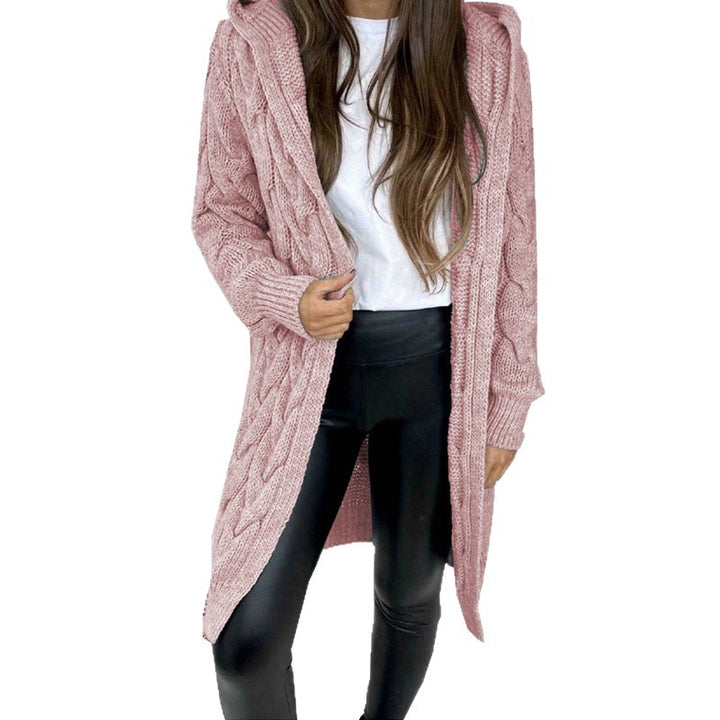Ladies long cardigan with hood and cable knit pattern Lune London