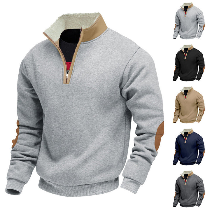 Trendy fleece pullover for men with half-zip and contrasting elbow patches Lune London