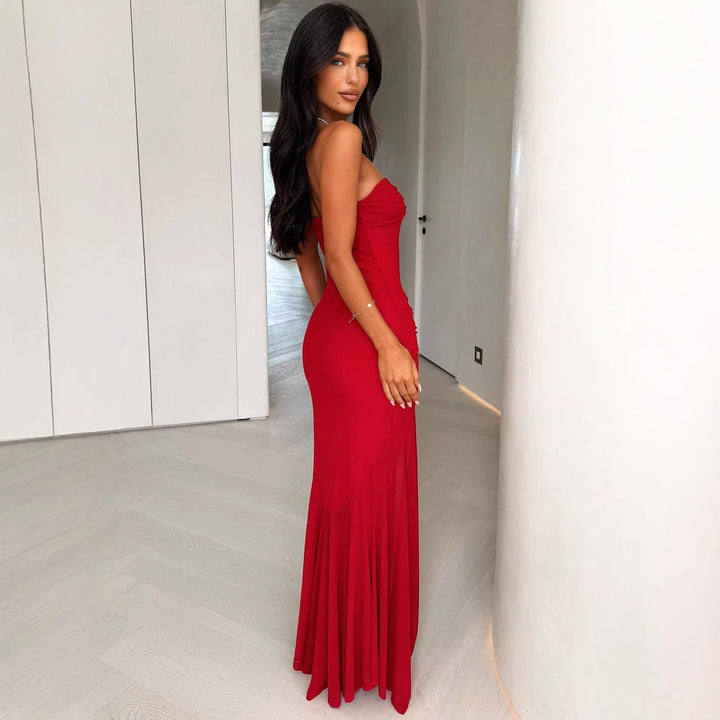 Women's Elegant Maxi Dress with Ruched Bodice and Flowing Skirt Lune London