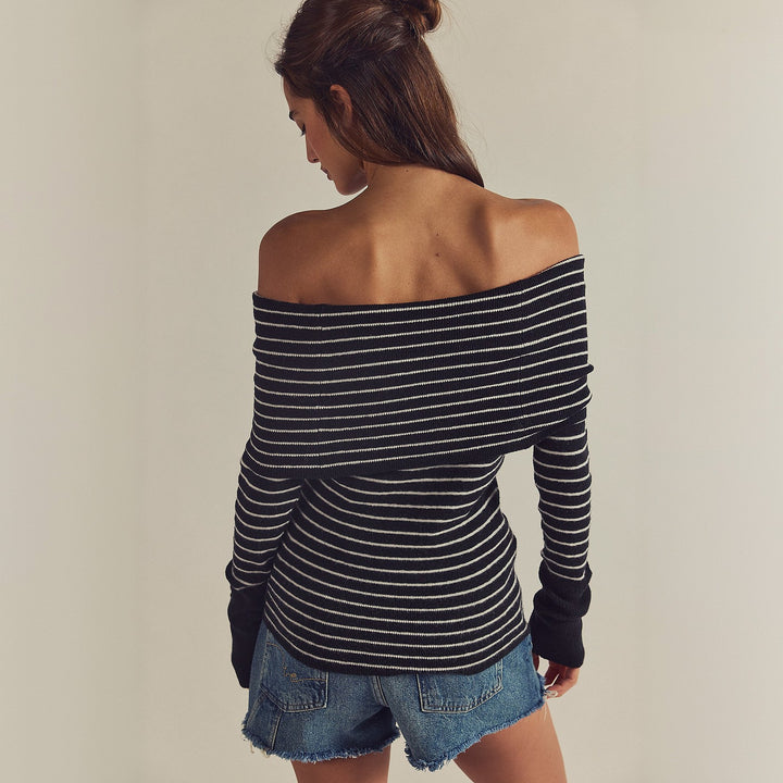 Off-the-shoulder sweater for women with a modern striped pattern and chic button details