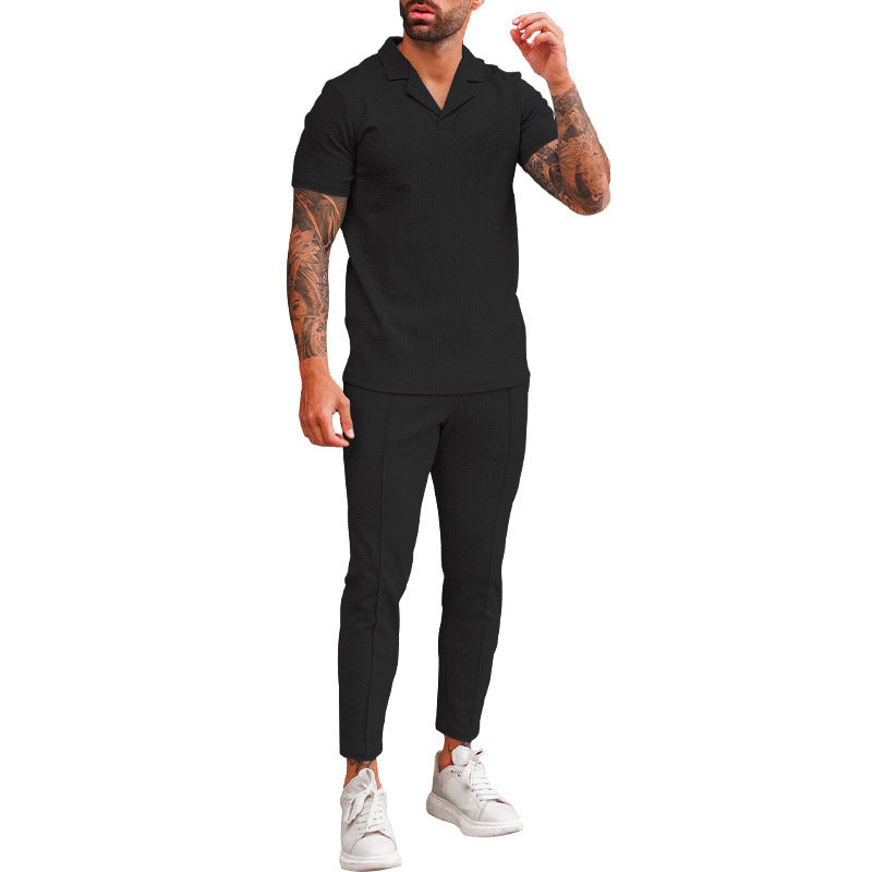 Elegant men's short sleeve polo with textured design and matching slim-fit trousers Lune London