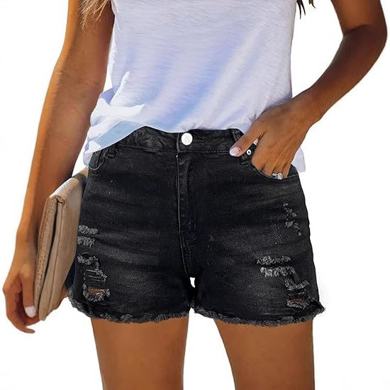 Women Destroyed Denim Shorts with Frayed Hems and Casual Fit Lune London
