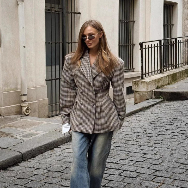 Veste à carreaux surdimensionnée pour femmes avec fermeture à double boutonnage Chic & Stil