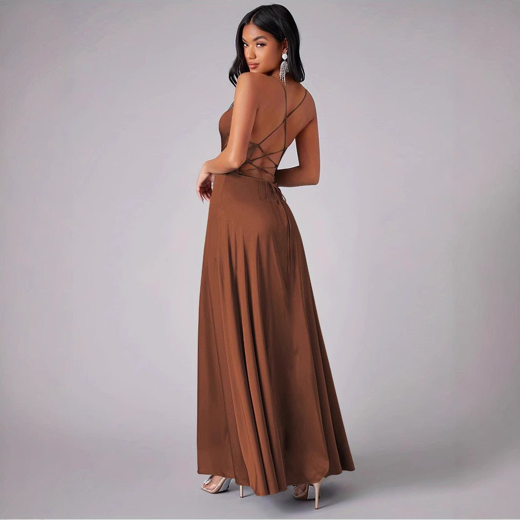Ladies Elegant Maxi Dress with Deep Neckline and High Slit Lune London