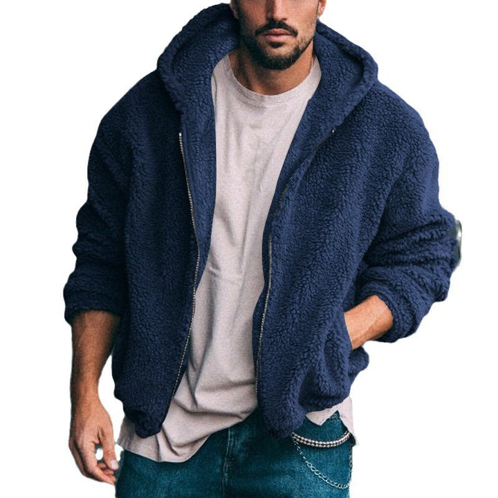 Comfortable fleece jacket for men with large hood and zipper Lune London