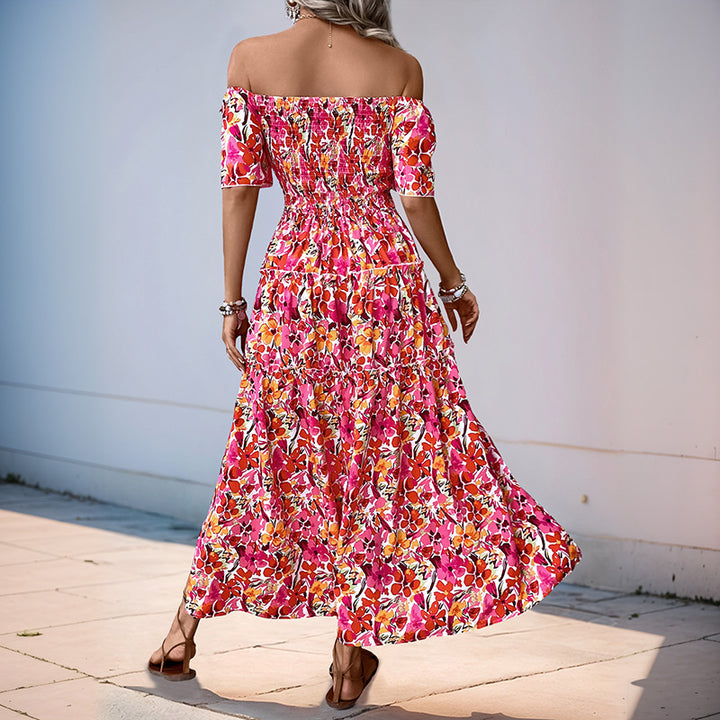 Robe maxi décolletée pour femmes avec motif floral et détails en volants Chic & Stil