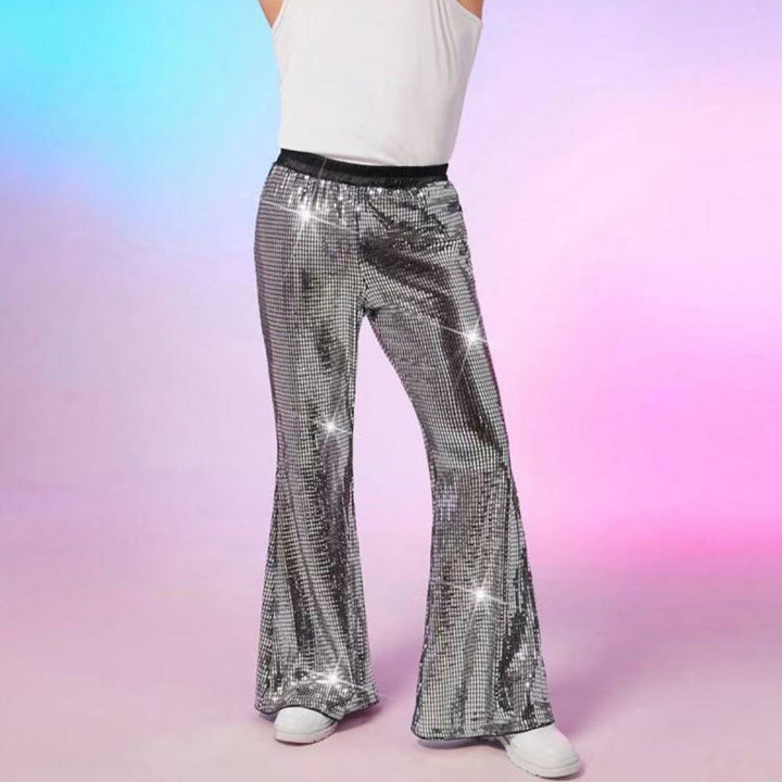 Men's glitter disco pants with wide leg and elastic waist Lune London