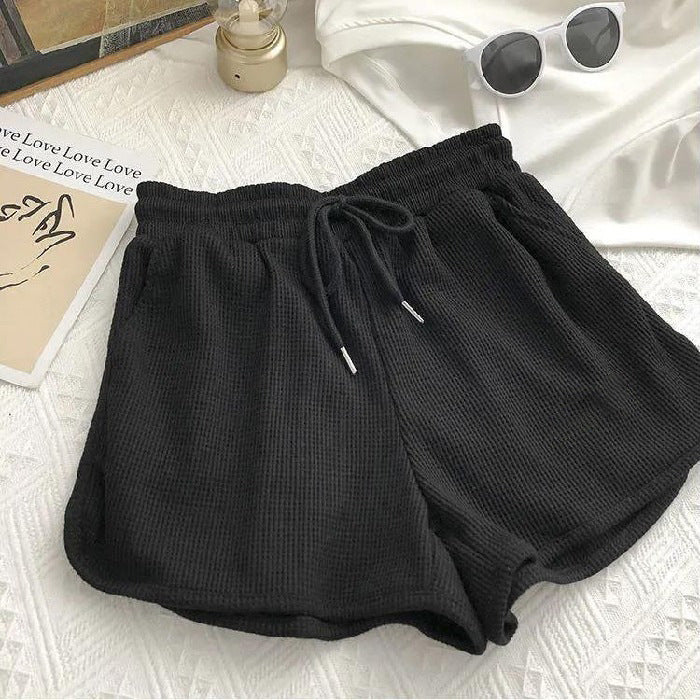 Women's casual waffle texture shorts with adjustable drawstring and elastic waistband