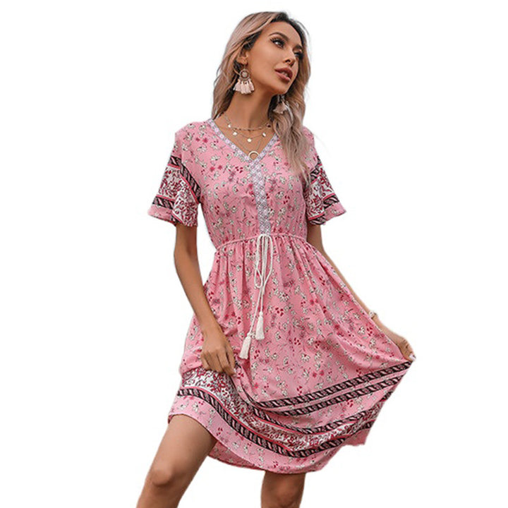 Bohemian casual mid-length dress for women with fringe tie detail Lune London