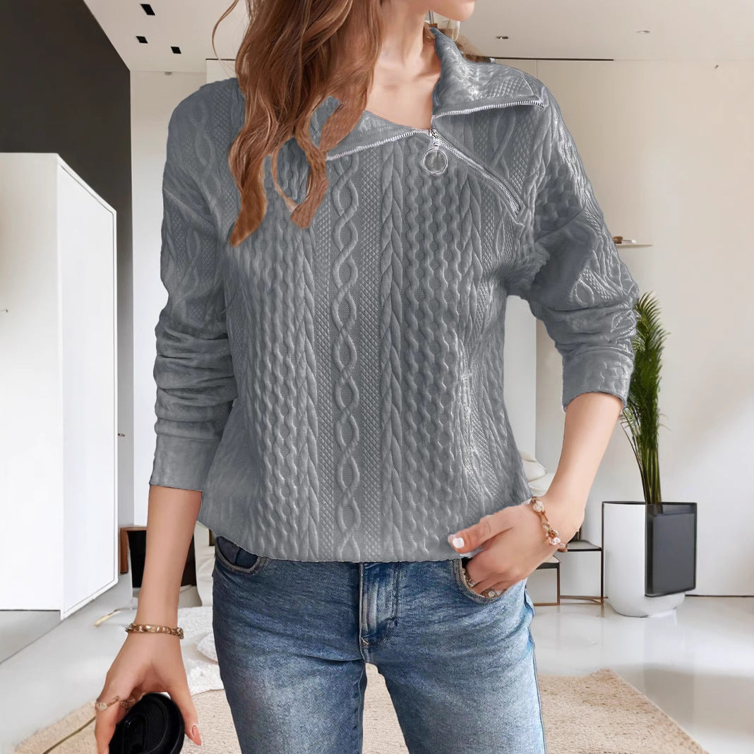 Casual knitted women's sweater with short zipper and textured surface Lune London