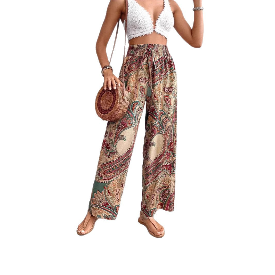 Women's Wide Palazzo Pants with Elastic Waistband and Paisley Pattern Lune London