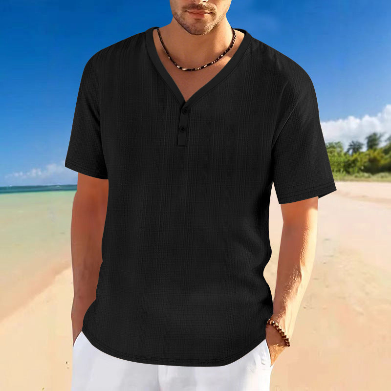 Men's short sleeve Henley shirt with textured design and stylish accents Lune London