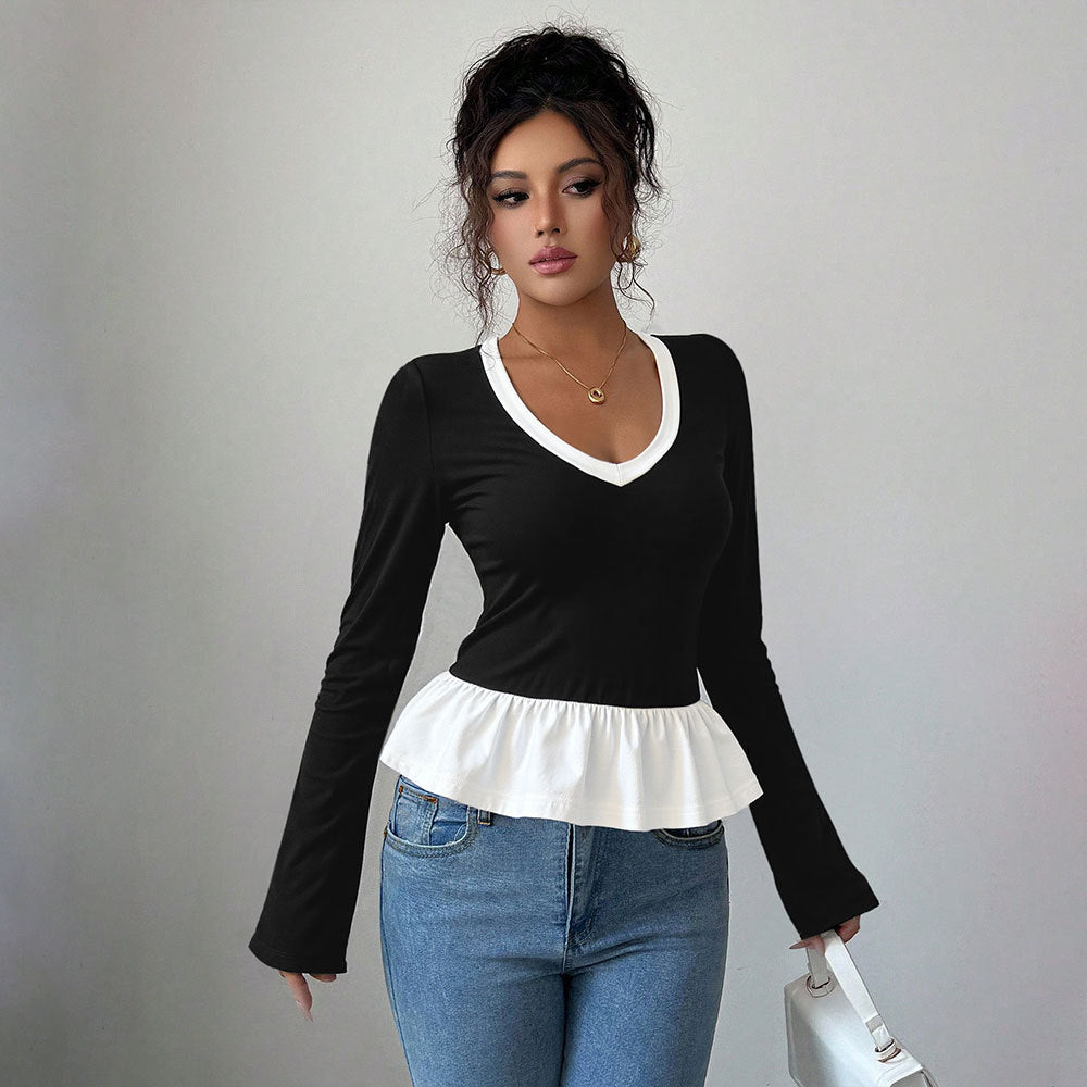 Chemise à manches longues pour femmes avec ourlet volanté et décolleté en V profond Chic & Stil