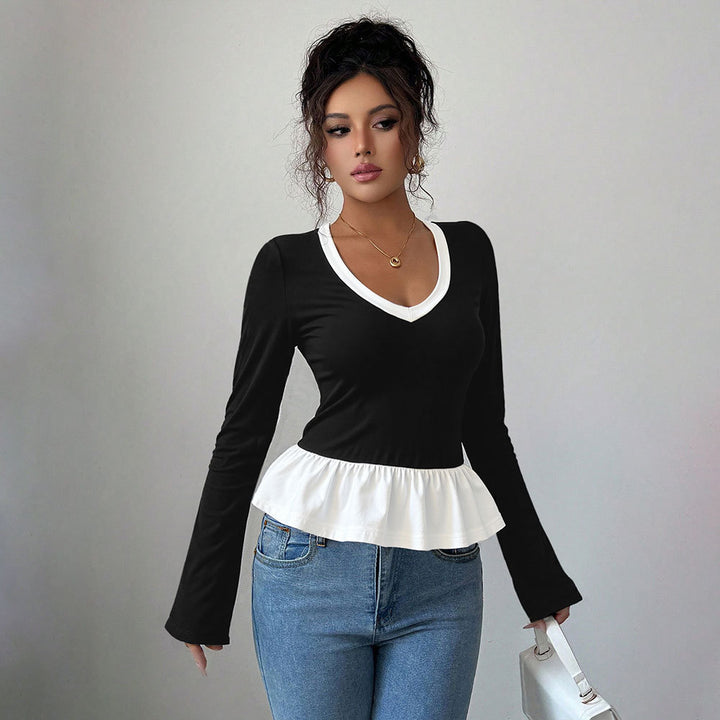 Chemise à manches longues pour femmes avec ourlet volanté et décolleté en V profond Chic & Stil