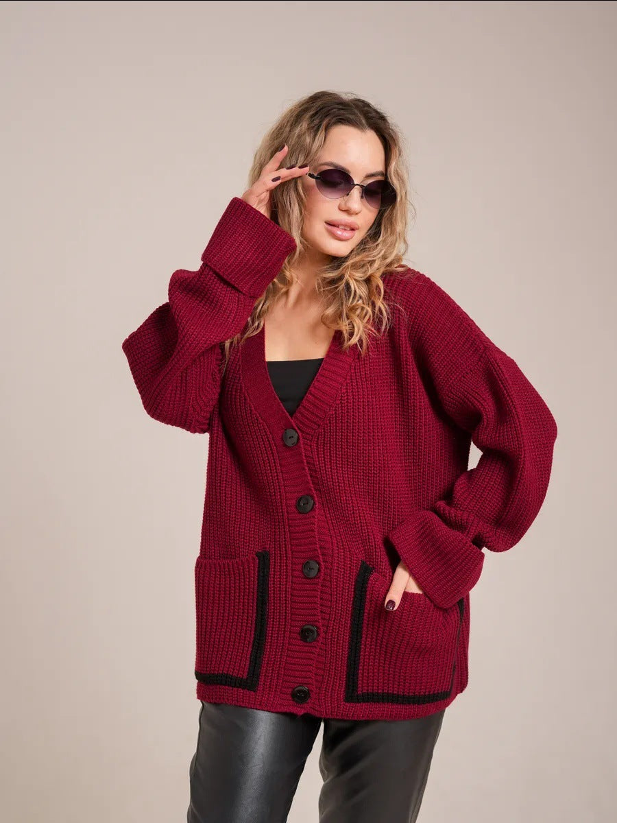 Ladies chunky knit cardigan with large pockets and decorative button Lune London