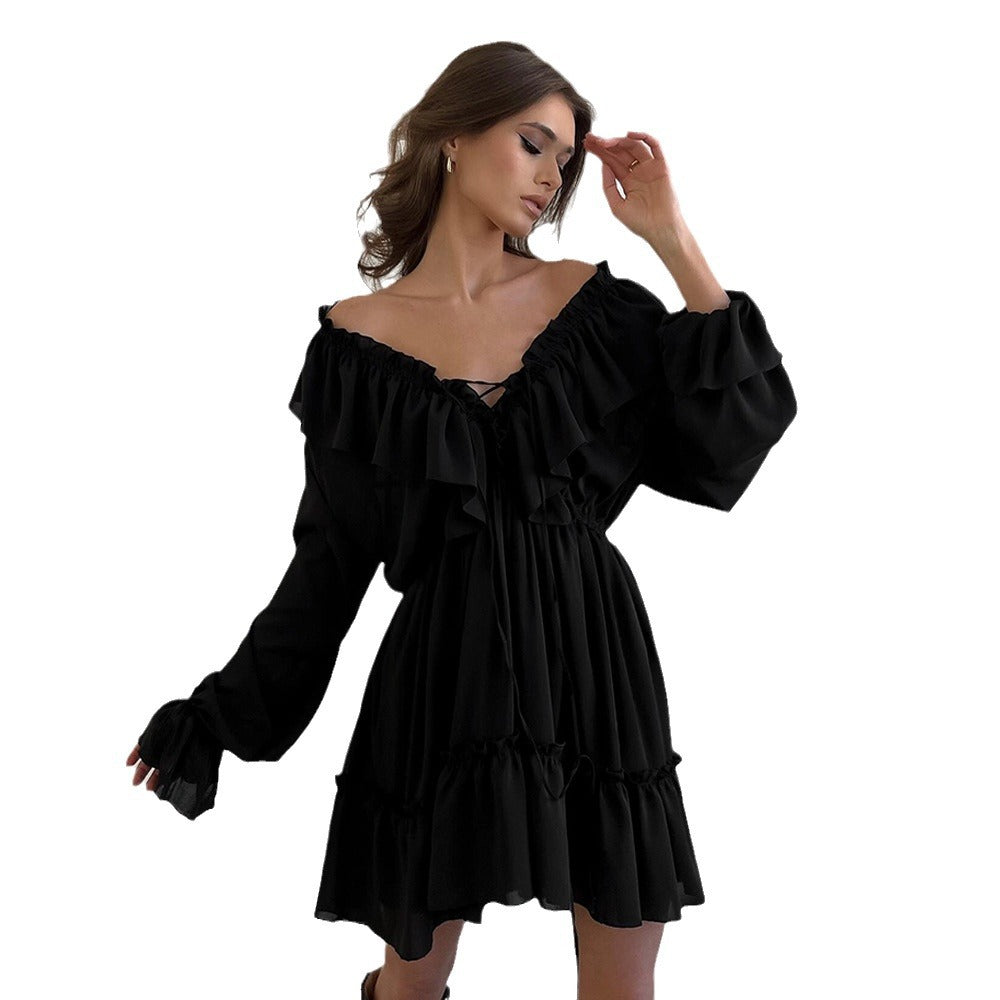 Playful ruffled dress for women with V-neckline and puff sleeves Lune London