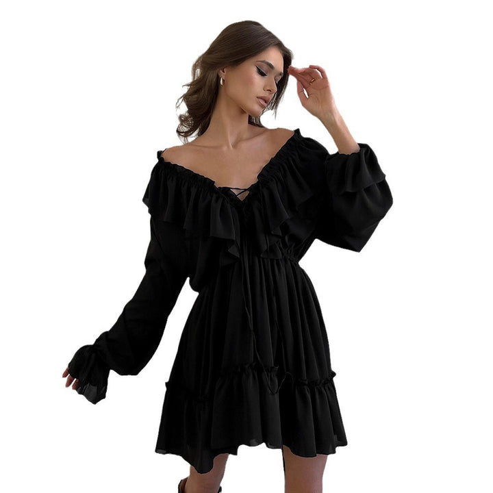 Playful ruffled dress for women with V-neckline and puff sleeves Lune London