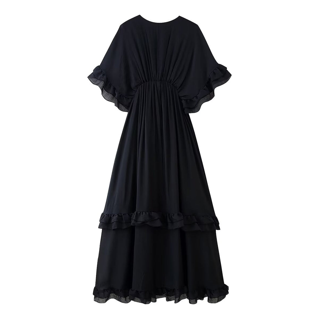 Maxi dress for women with voluminous ruffle details and an elegant V-neck Lune London