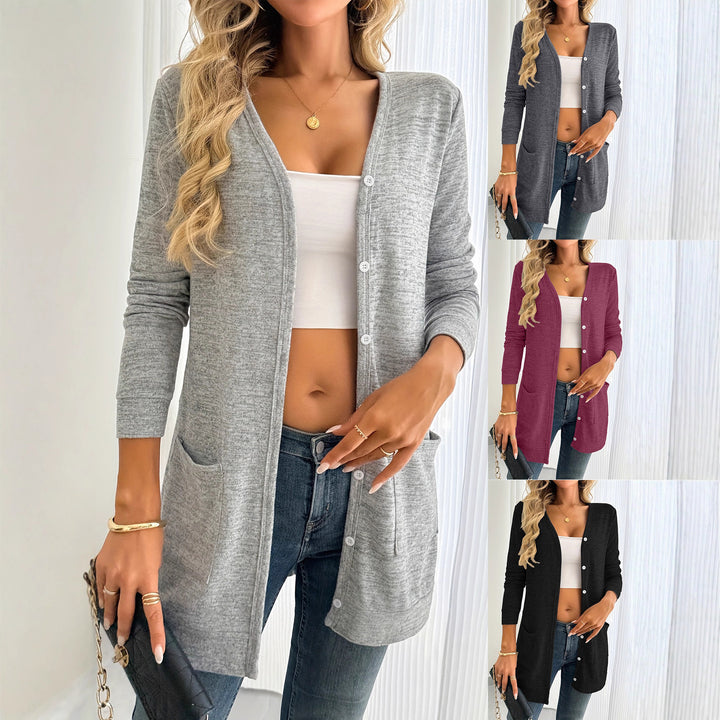 Ladies long sleeve cardigan with practical pockets and button placket Lune London