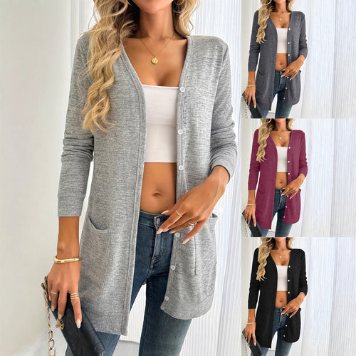 Ladies long sleeve cardigan with practical pockets and button placket Lune London