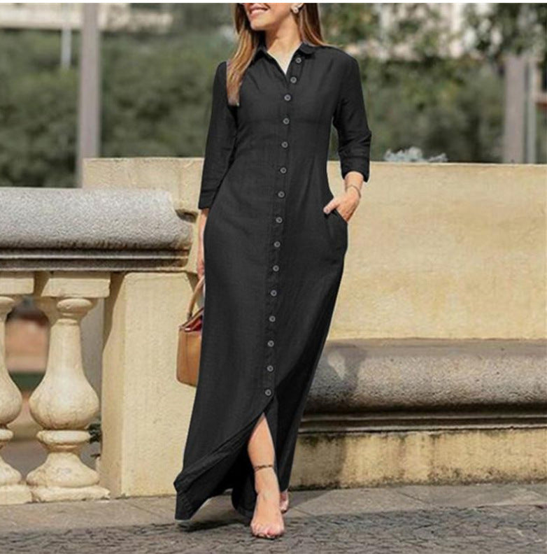 Maxi dress with long sleeves, button placket, and side pockets Lune London