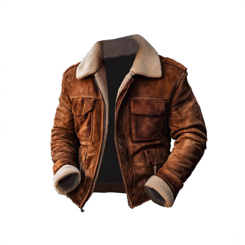 Vintage style leather jacket for men with faux fur collar and multiple pockets Lune London