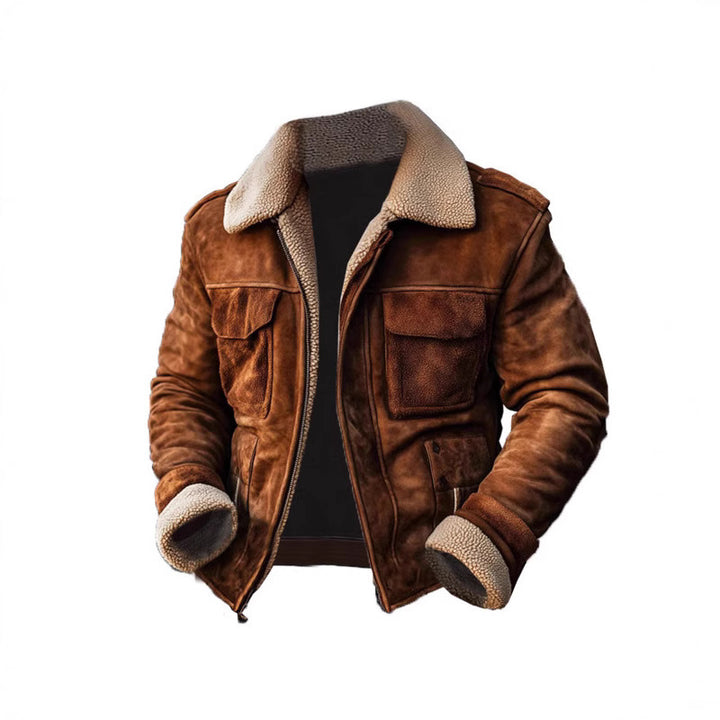Vintage style leather jacket for men with faux fur collar and multiple pockets Lune London