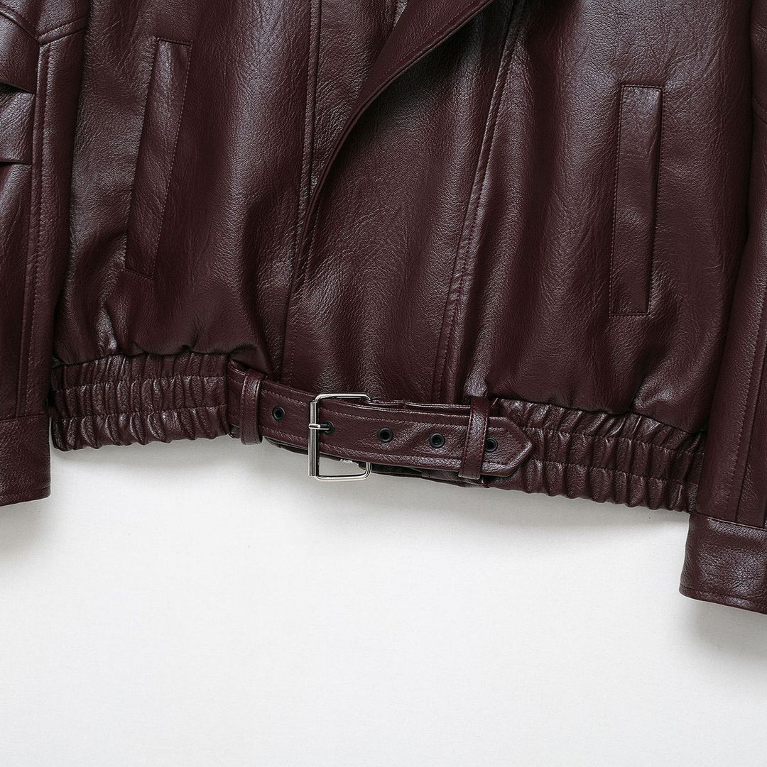 Fashionable synthetic leather jacket for women with an elegant cut and adjustable waist belt Lune London