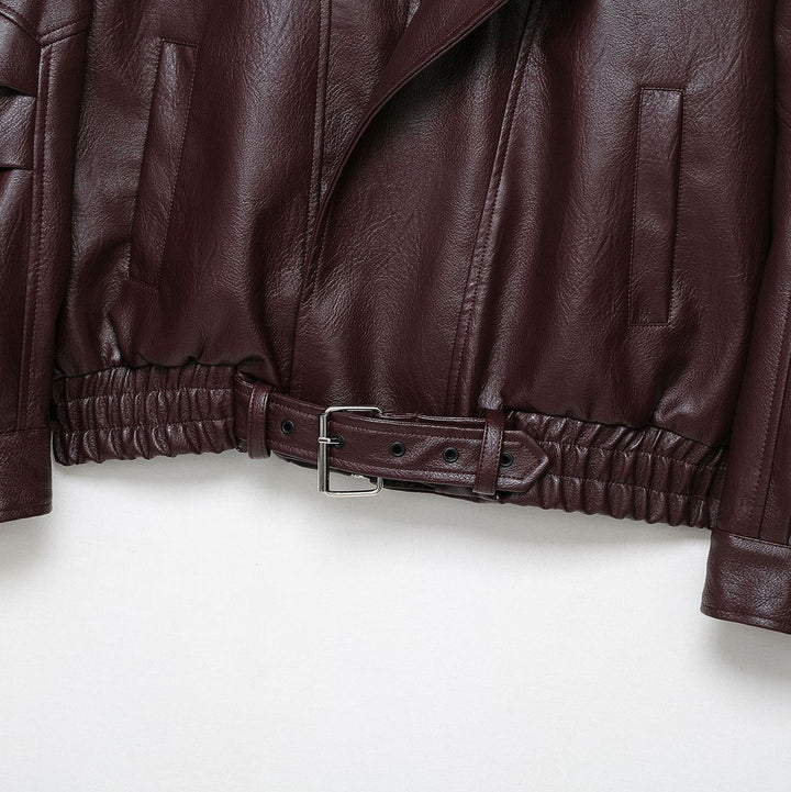 Fashionable synthetic leather jacket for women with an elegant cut and adjustable waist belt Lune London
