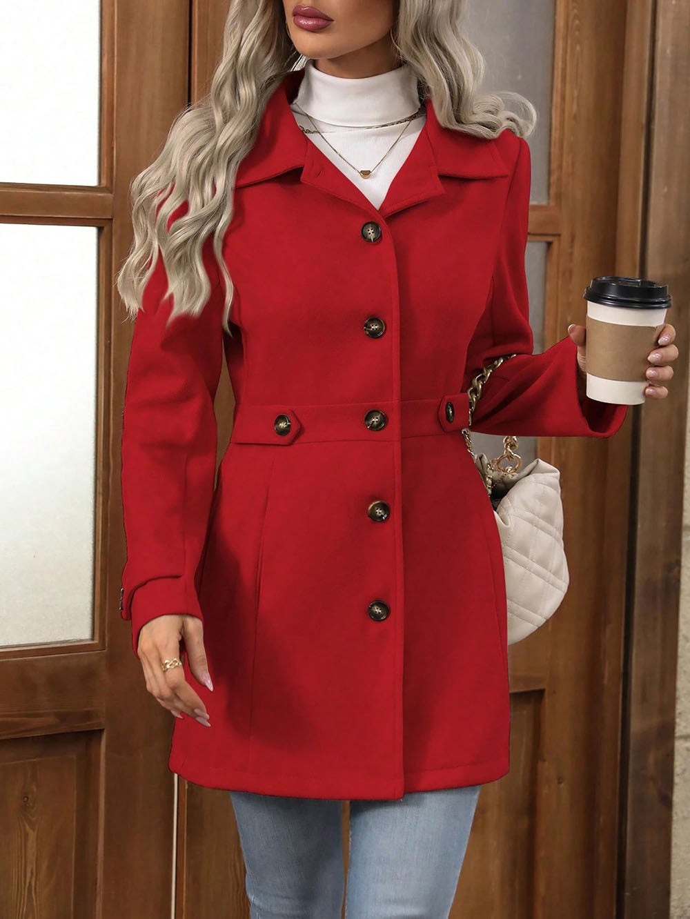 Lune London elegant women's jacket with classic collar and adjustable belt