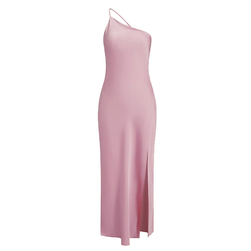 Maxi dress for ladies with asymmetric neckline and high slit Lune London