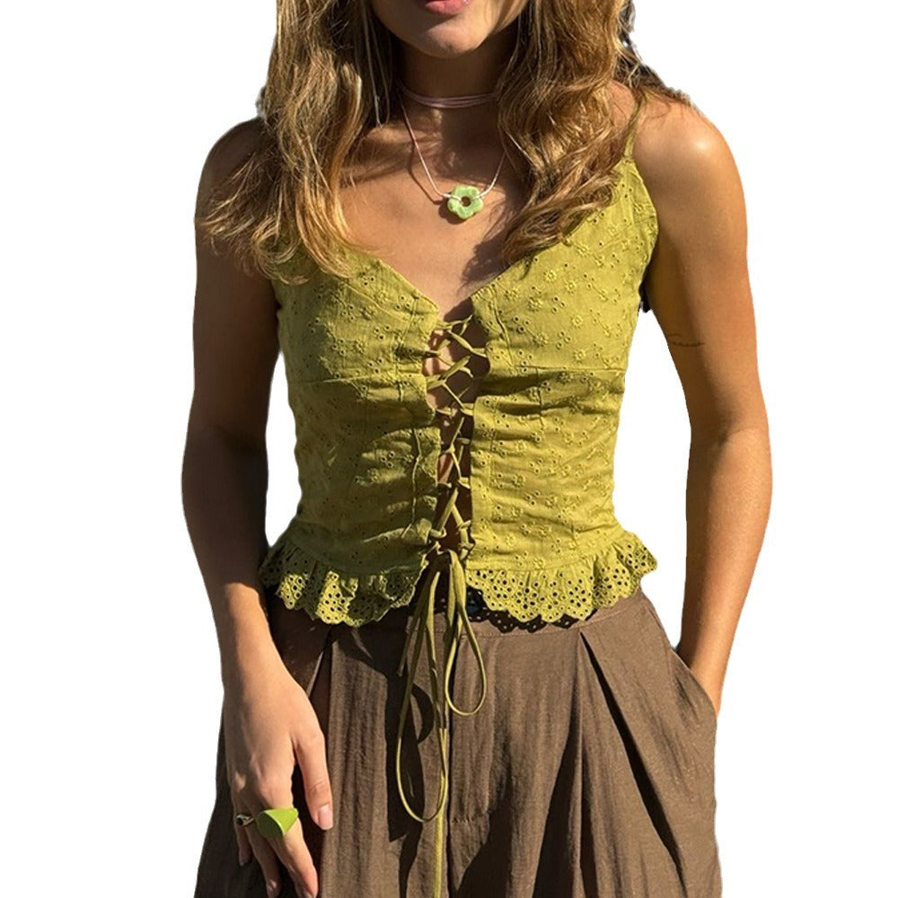 Lace top for ladies with lacing and voluminous hem Lune London