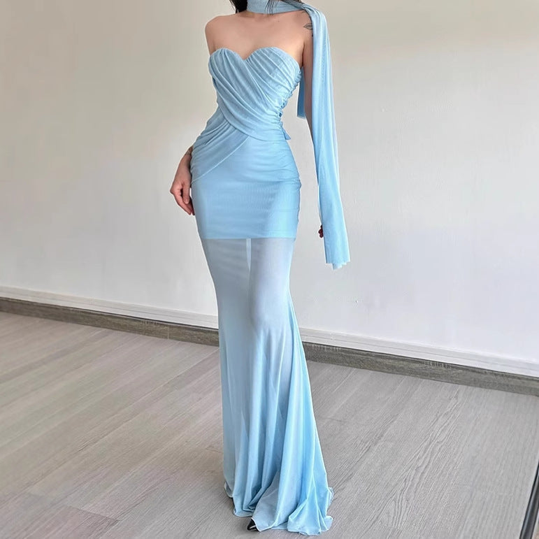 Elegant maxi dress for women with asymmetric neckline and sculpting design. Lune London