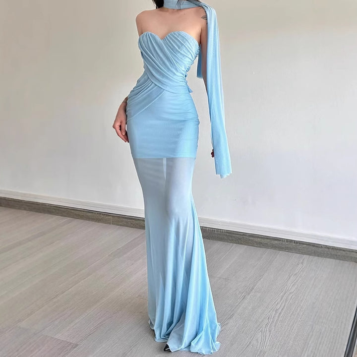 Elegant maxi dress for women with asymmetric neckline and sculpting design. Lune London