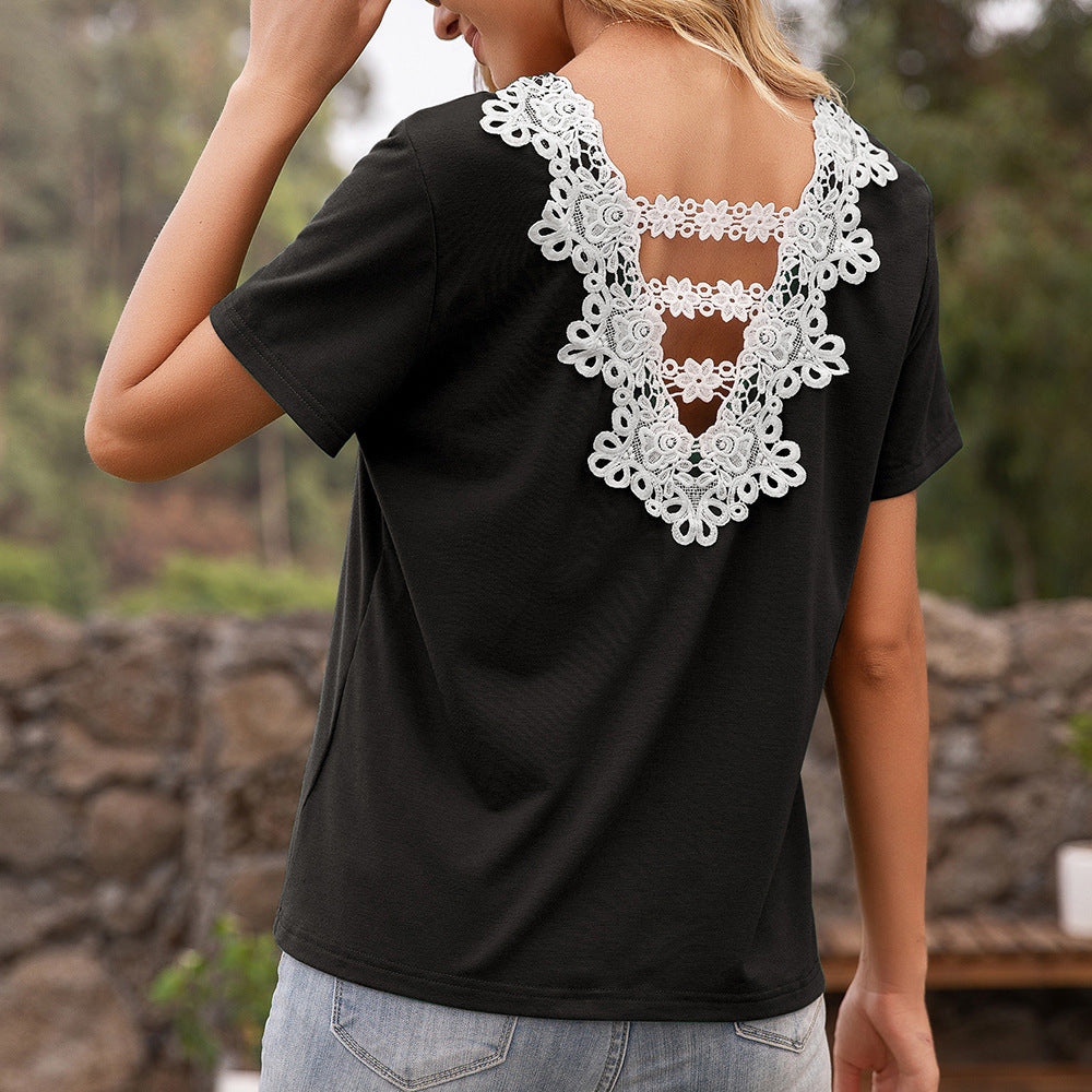 Women's T-shirt with lace detail and V-neck Lune London