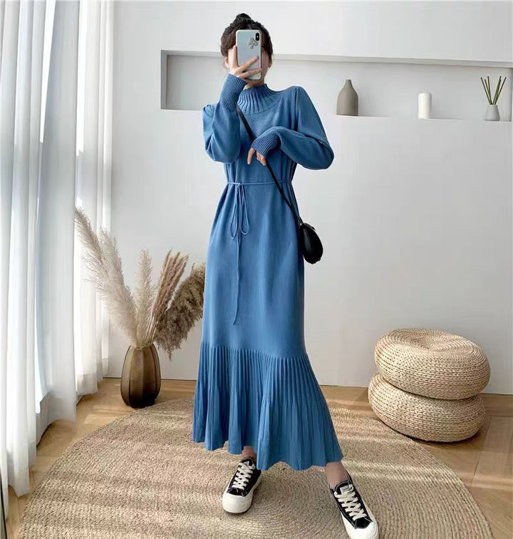 Knit dress for women with ribbed structure and waistband Lune London