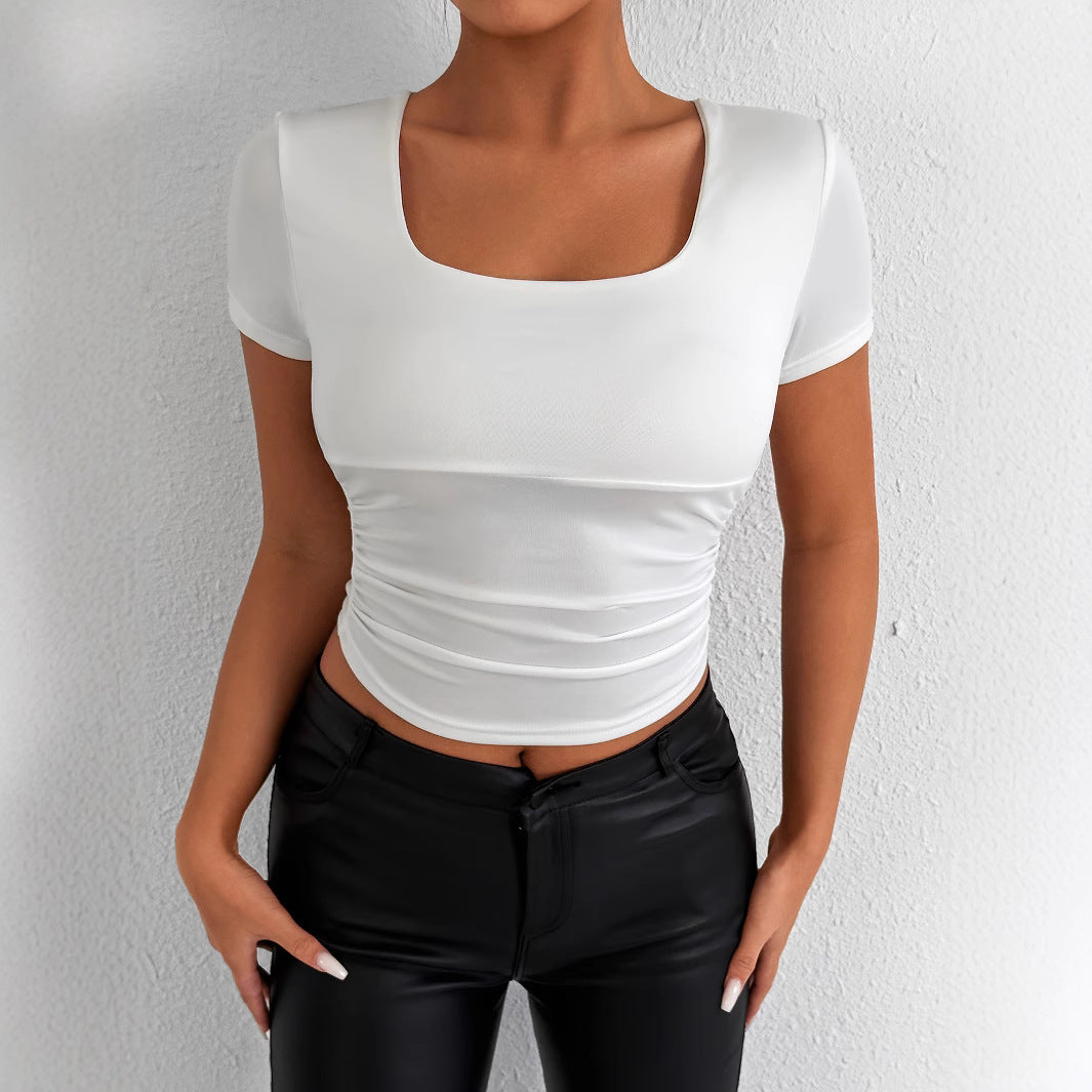 Women's Refined Short Sleeve Top with Square Neckline and Ruched Hem Lune London