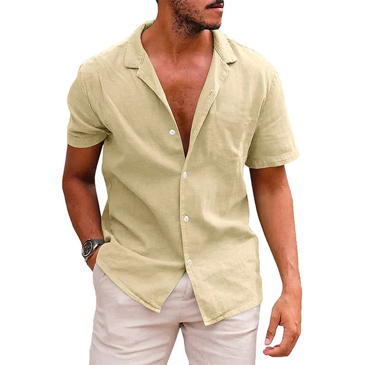 Men's short sleeve shirt in a soft linen blend with a modern Henley neckline Lune London