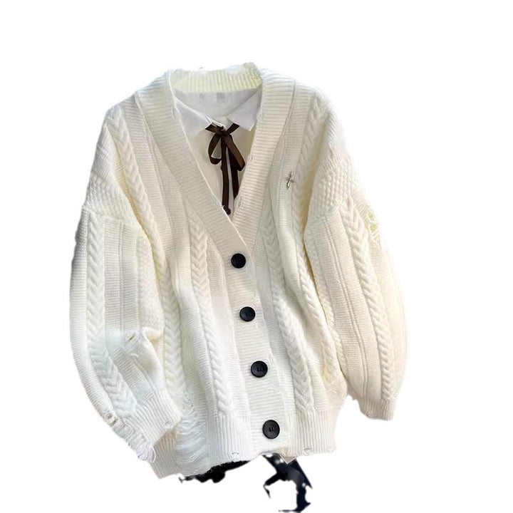 Ladies chunky knit cardigan with deep V-neckline and button details Lune London