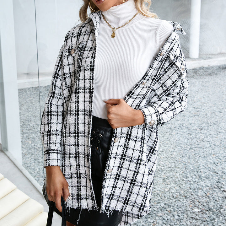 Plaid overshirt jacket for ladies with a relaxed fit and fringes Lune London