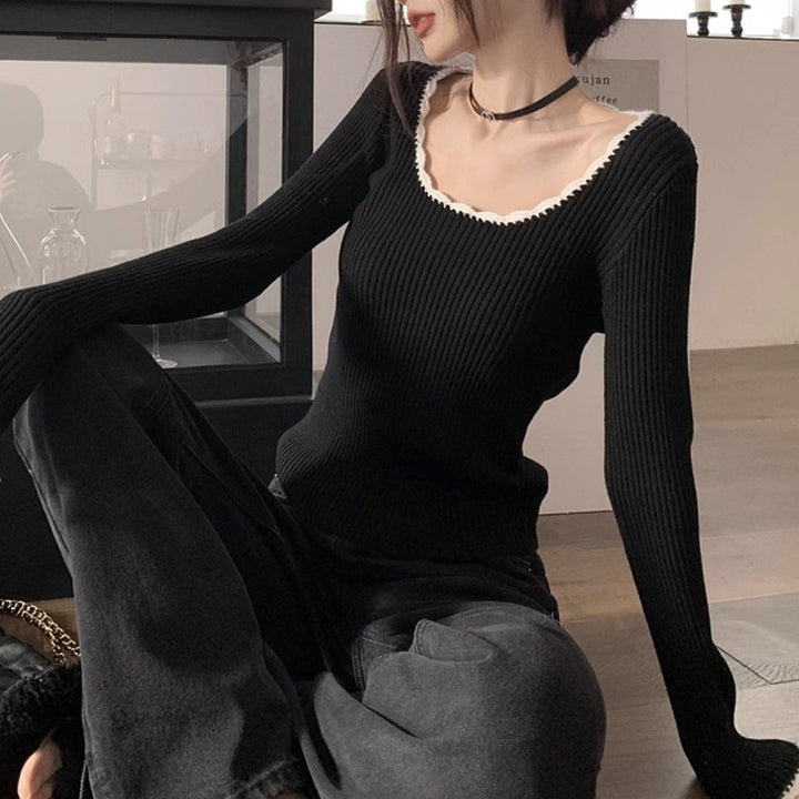 Women's Form-Fitting Knit Top with Creative Neckline