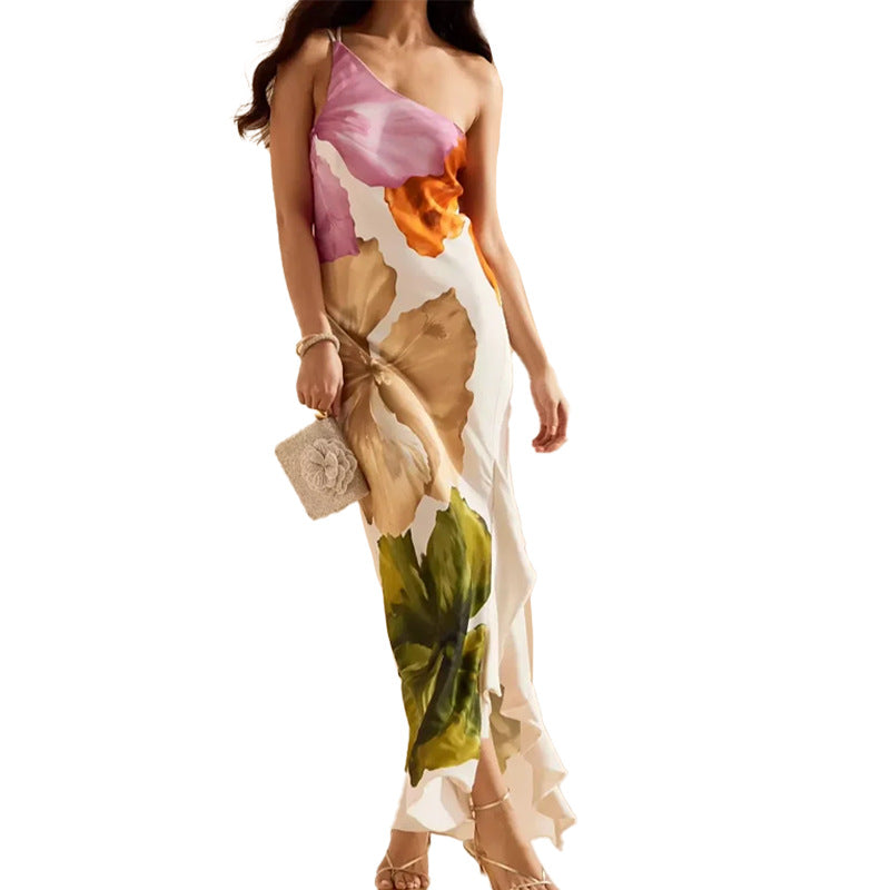 Robe maxi pour dames avec motif floral et décolleté asymétrique Chic & Stil
