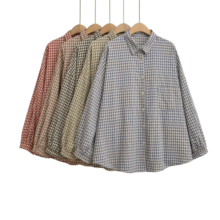 Casual checkered blouse for women with off-the-shoulder and large buttons Lune London