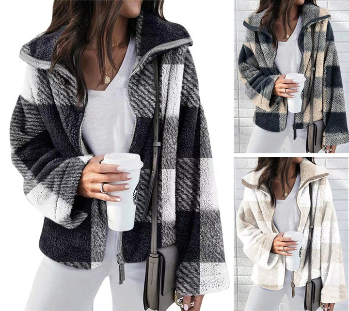 Ladies sweatshirt jacket with checkered pattern and high collar Lune London