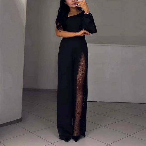 Women Elegant Jumpsuit with Transparent Inserts and Sequins Lune London