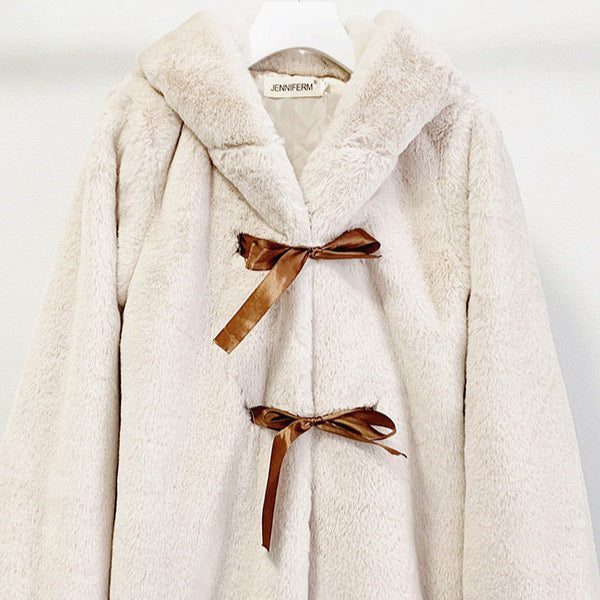 Ladies Cozy Faux Fur Jacket with Hood and Bow Details Lune London