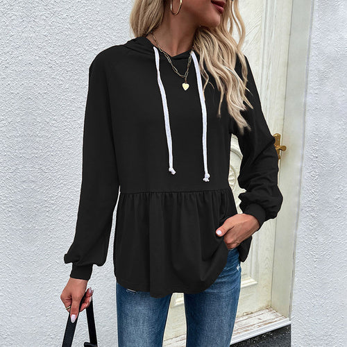 Casual hooded blouse for women with asymmetric cut and ruffle details Lune London