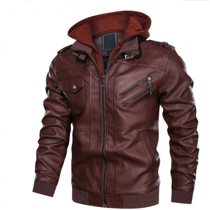 Men's leather jacket in modern biker style with removable hood Lune London