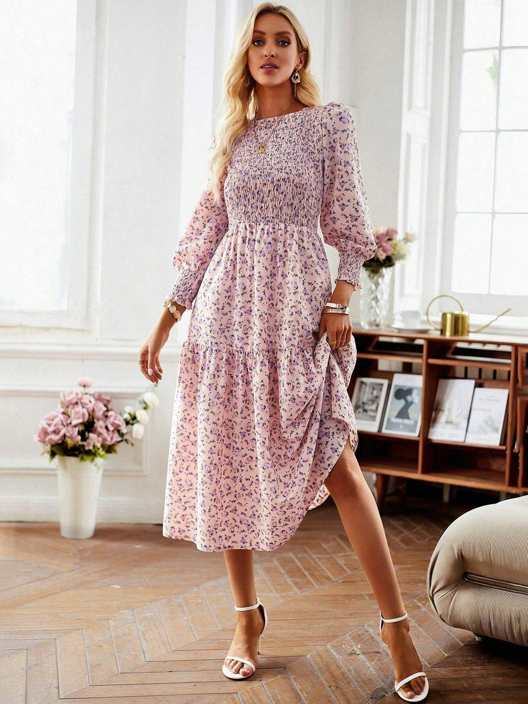 Women Floral Midi Dress with Gathered Waist and Long Sleeves Lune London