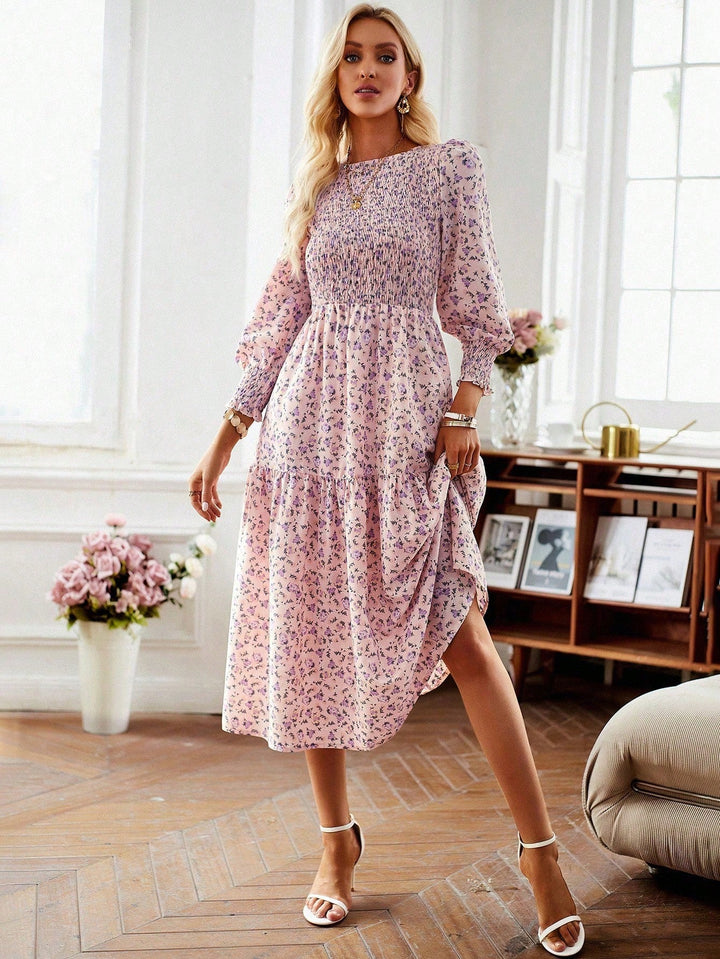 Women Floral Midi Dress with Gathered Waist and Long Sleeves Lune London